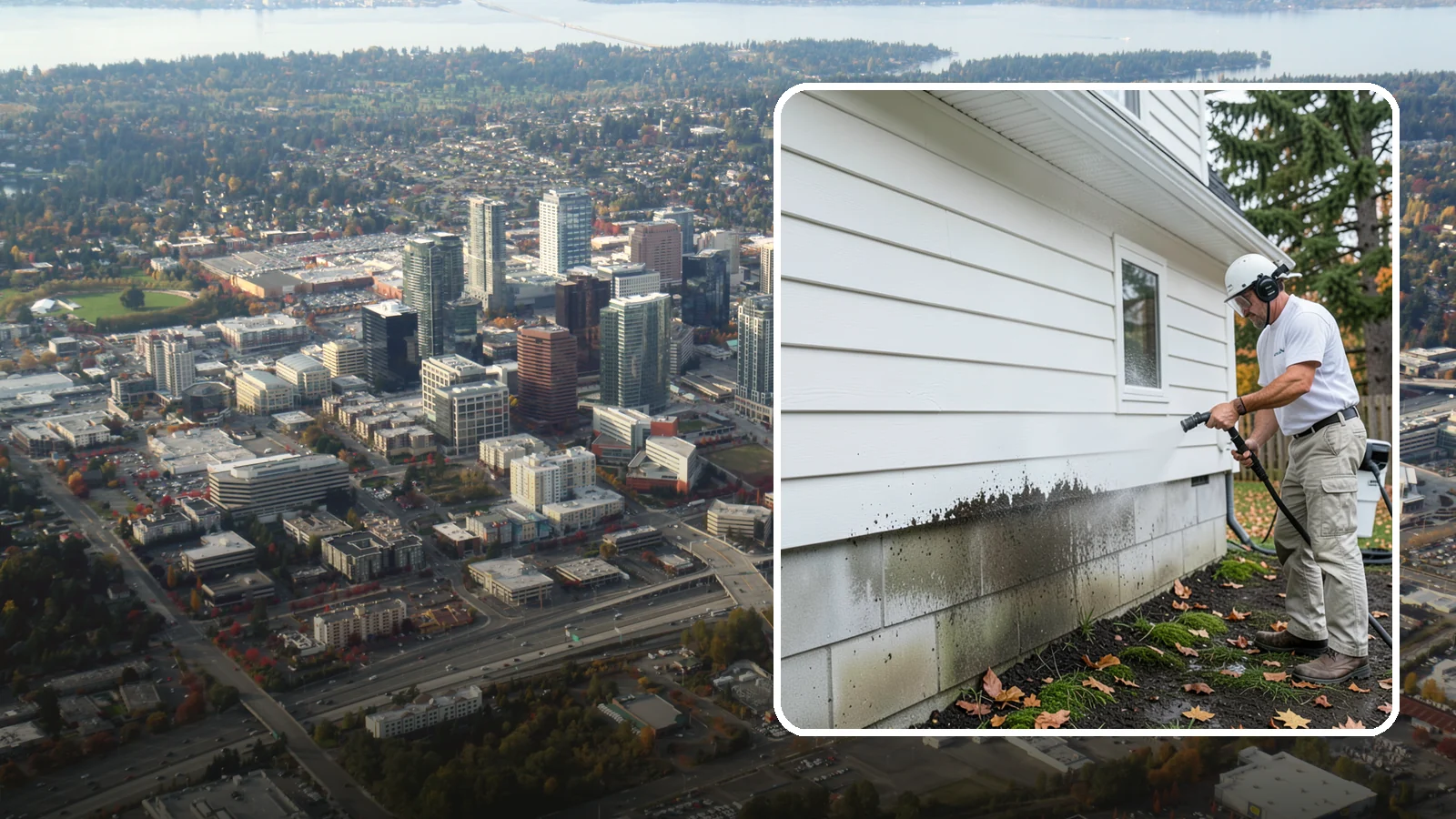 Foundation Cleaning in Bellevue, King County, WA - We wash exposed foundation walls to clear the mud splash, moss, and efflorescence that build along the base of the home.