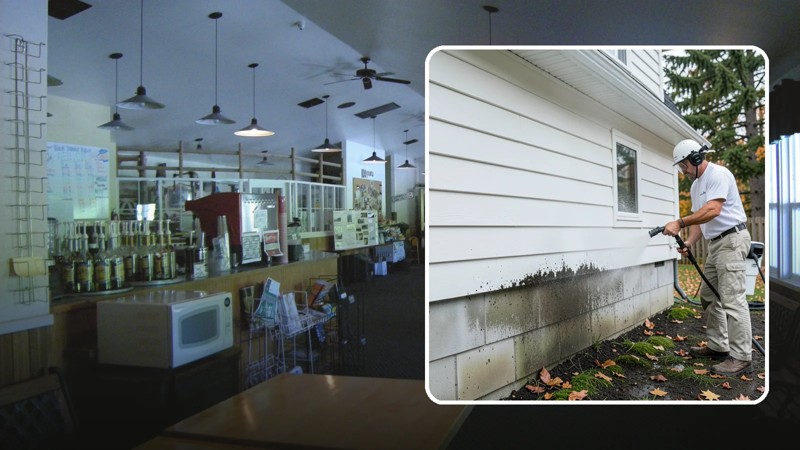 Foundation Cleaning in Black Diamond, King County, WA - We wash exposed foundation walls to clear the mud splash, moss, and efflorescence that build along the base of the home.