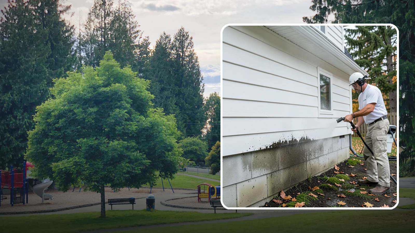 Foundation Cleaning in Bonney Lake, Pierce County, WA - We wash exposed foundation walls to clear the mud splash, moss, and efflorescence that build along the base of the home.