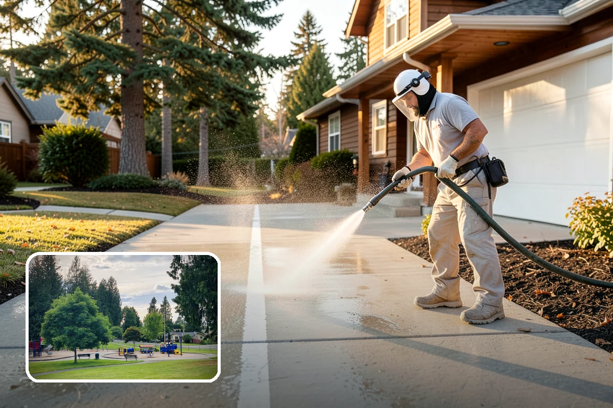 Foundation Cleaning in Bonney Lake, Pierce County, WA - Removes mud splash and moss from the base of the home
