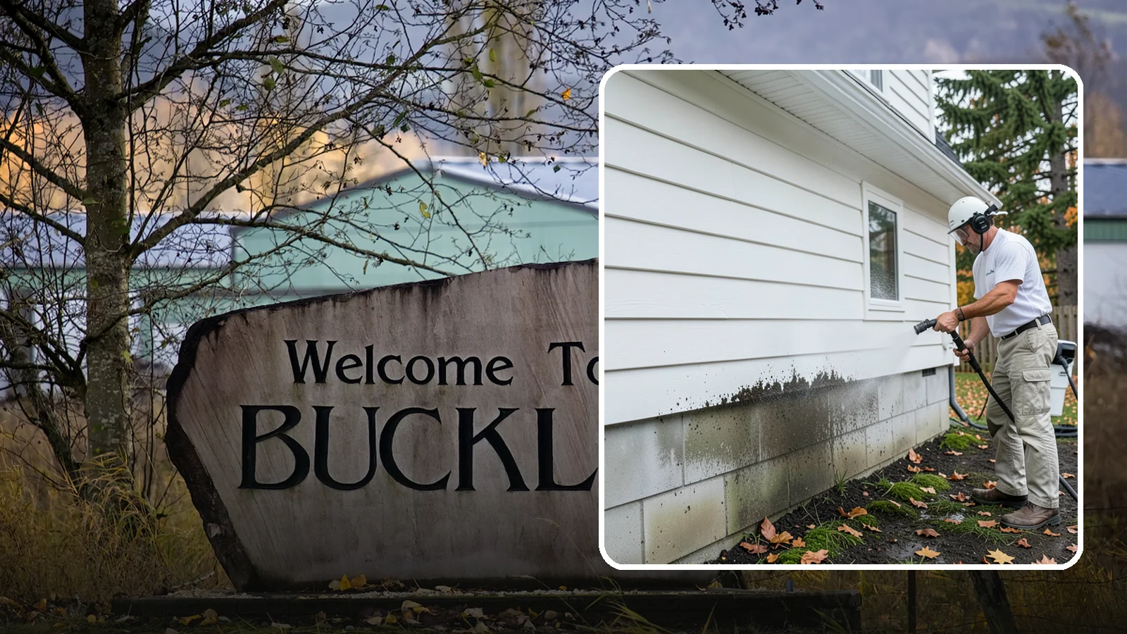 Foundation Cleaning in Buckley, Pierce County, WA - We wash exposed foundation walls to clear the mud splash, moss, and efflorescence that build along the base of the home.