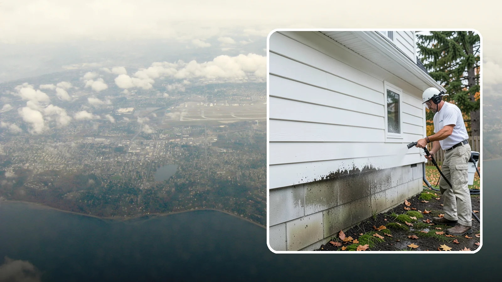 Foundation Cleaning in Burien, King County, WA - We wash exposed foundation walls to clear the mud splash, moss, and efflorescence that build along the base of the home.
