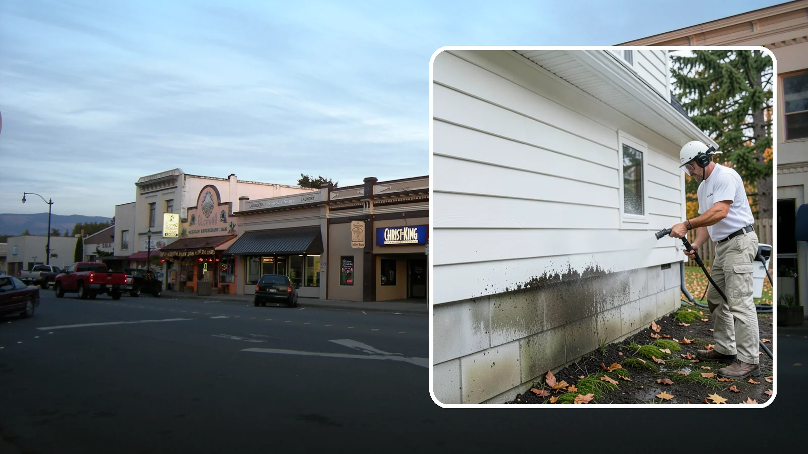 Foundation Cleaning in Burlington, Skagit County, WA - We wash exposed foundation walls to clear the mud splash, moss, and efflorescence that build along the base of the home.