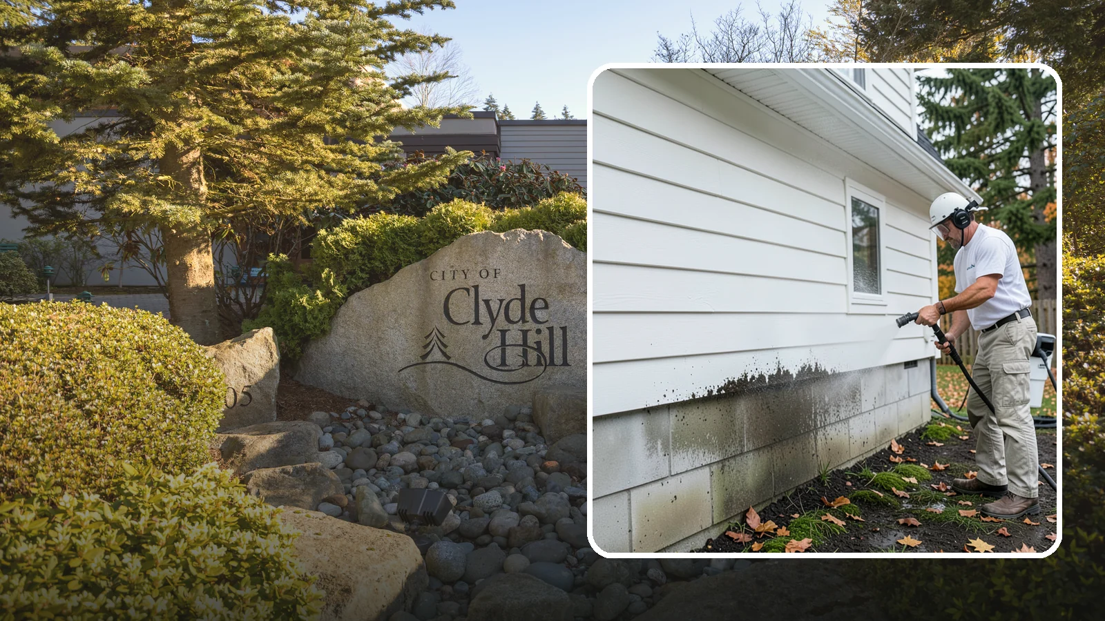 Foundation Cleaning in Clyde Hill, King County, WA - We wash exposed foundation walls to clear the mud splash, moss, and efflorescence that build along the base of the home.