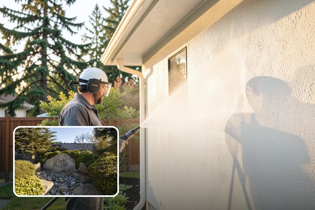 Foundation Cleaning in Clyde Hill, King County, WA - Removes mud splash and moss from the base of the home