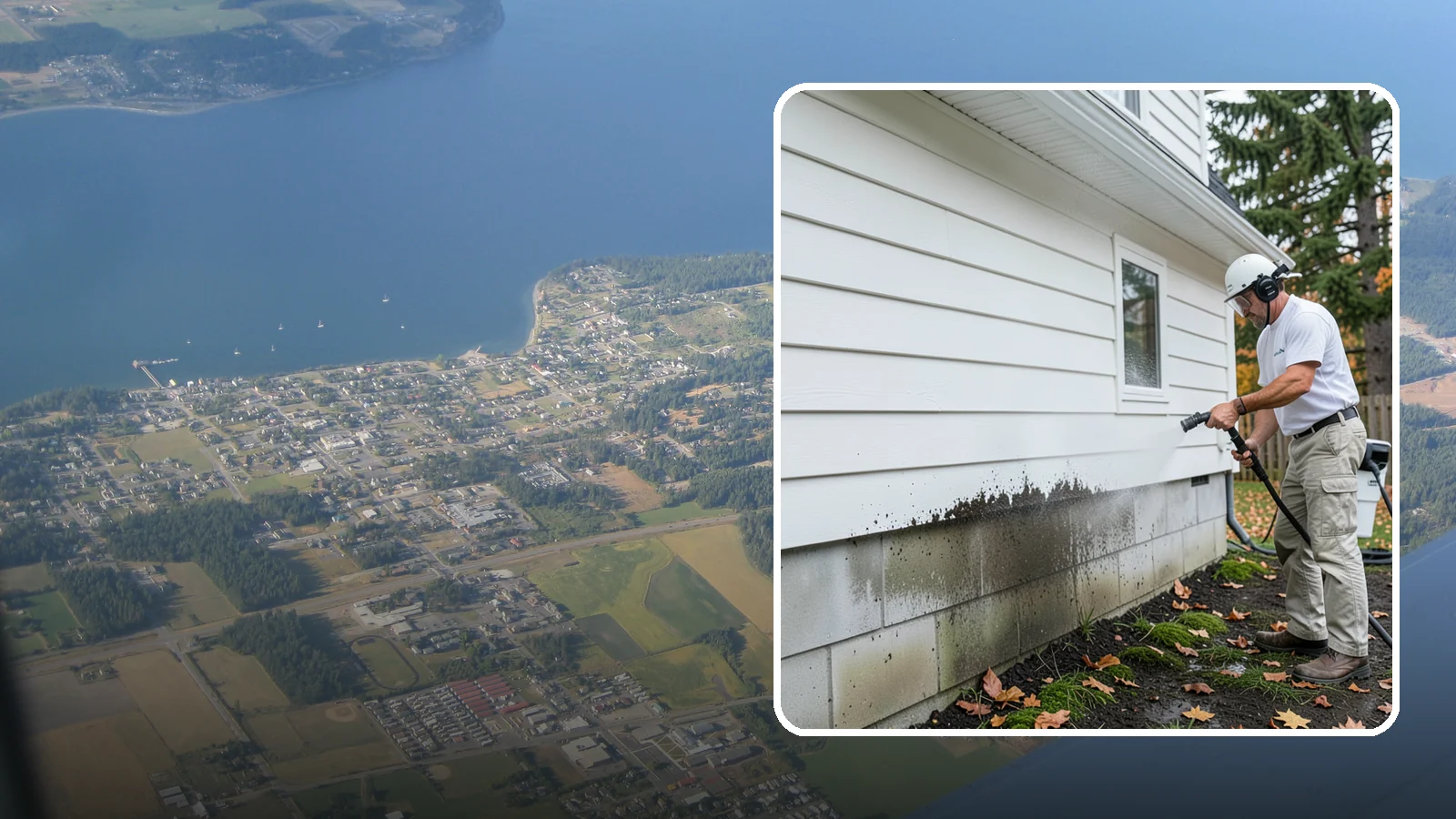 Foundation Cleaning in Coupeville, Island County, WA - We wash exposed foundation walls to clear the mud splash, moss, and efflorescence that build along the base of the home.