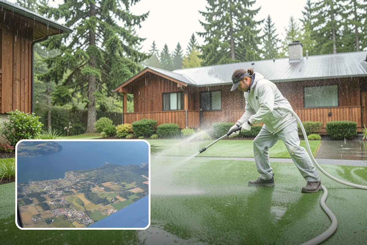 Foundation Cleaning in Coupeville, Island County, WA - Removes mud splash and moss from the base of the home