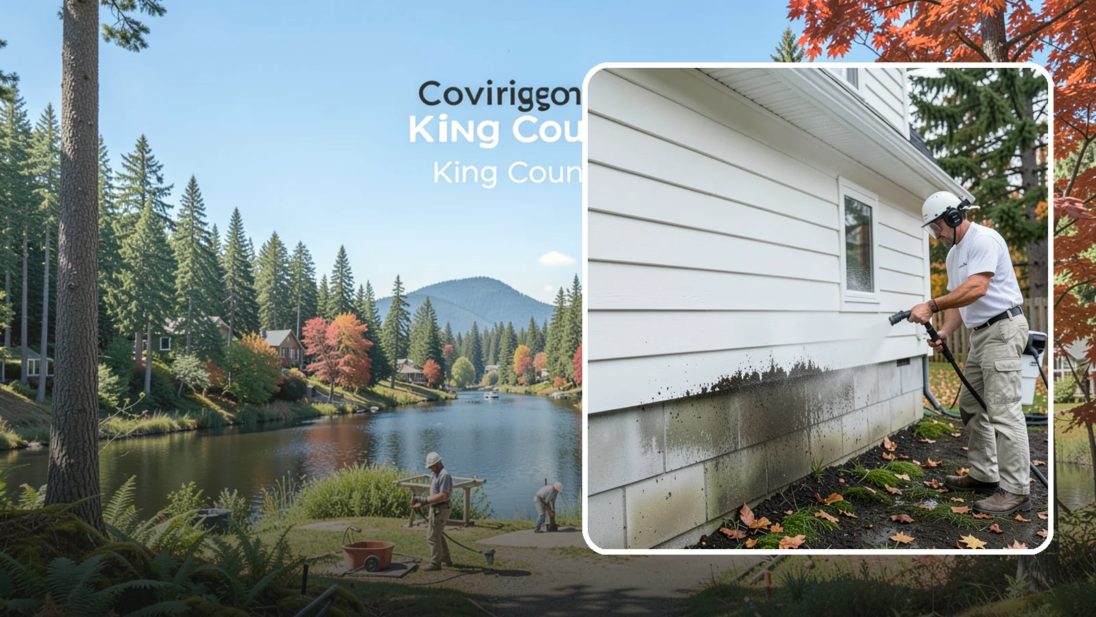 Foundation Cleaning in Covington, King County, WA - We wash exposed foundation walls to clear the mud splash, moss, and efflorescence that build along the base of the home.