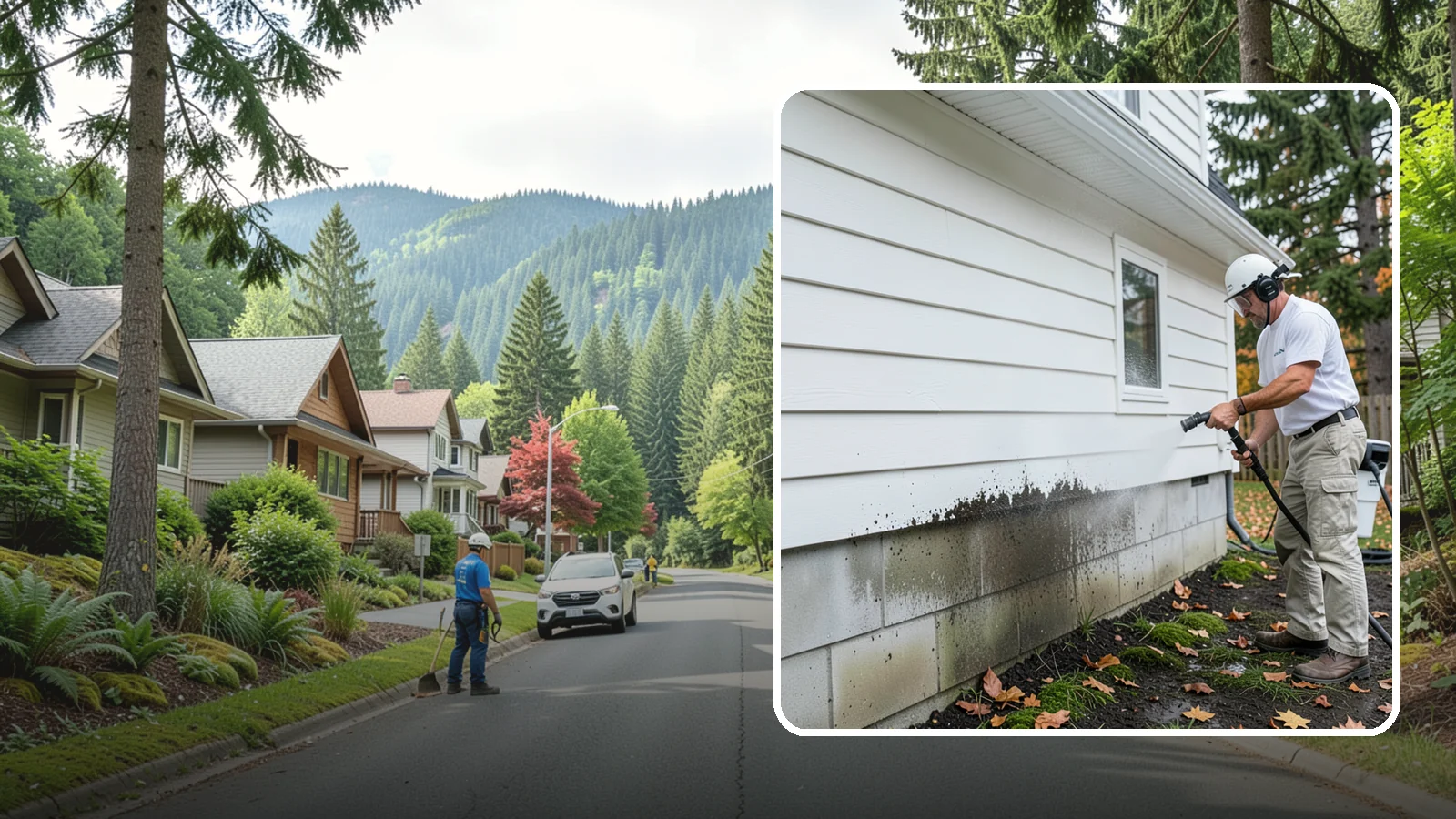 Foundation Cleaning in Darrington, Snohomish County, WA - We wash exposed foundation walls to clear the mud splash, moss, and efflorescence that build along the base of the home.