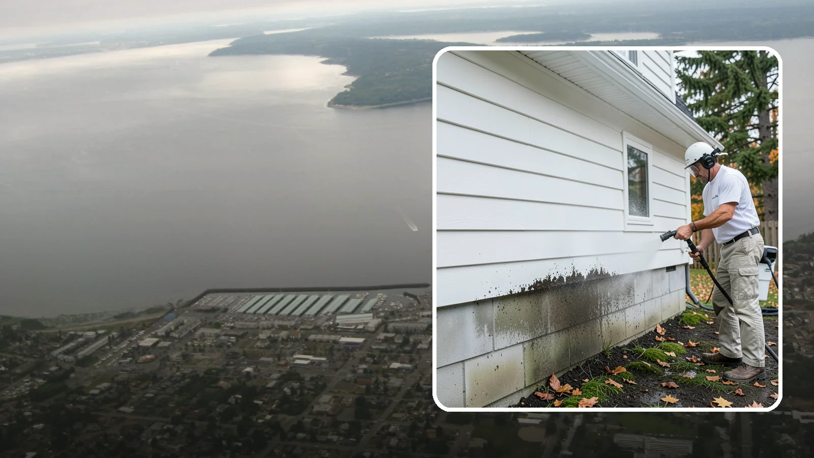 Foundation Cleaning in Des Moines, King County, WA - We wash exposed foundation walls to clear the mud splash, moss, and efflorescence that build along the base of the home.