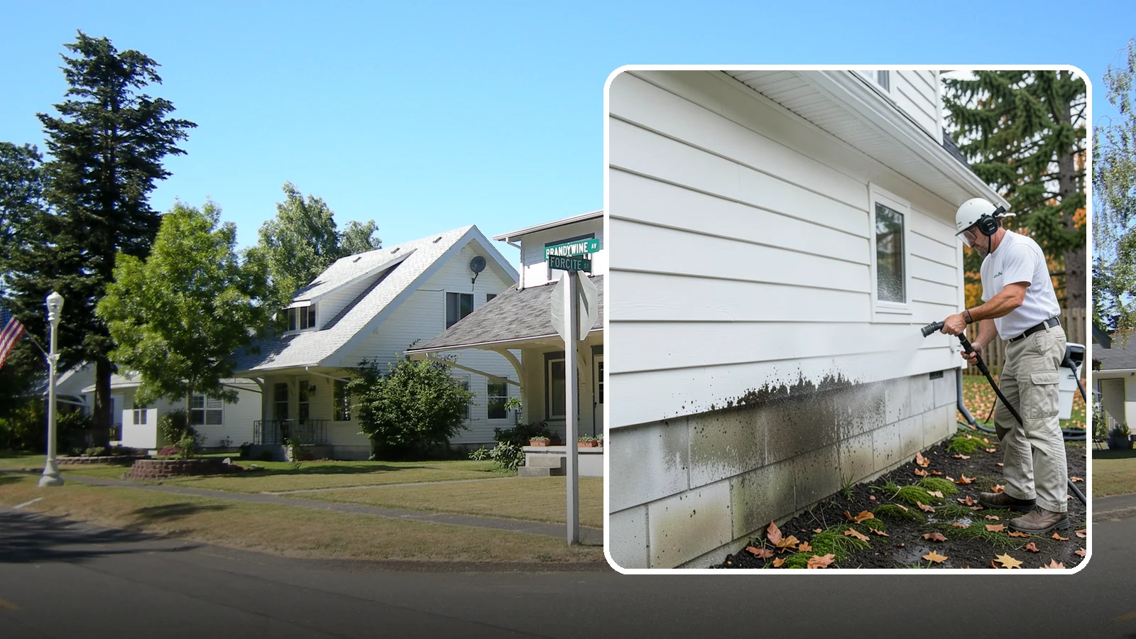 Foundation Cleaning in DuPont, Pierce County, WA - We wash exposed foundation walls to clear the mud splash, moss, and efflorescence that build along the base of the home.