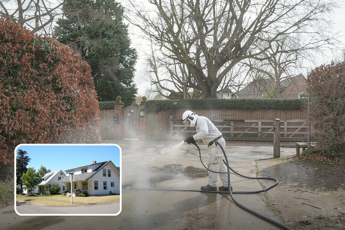 Foundation Cleaning in DuPont, Pierce County, WA - Removes mud splash and moss from the base of the home
