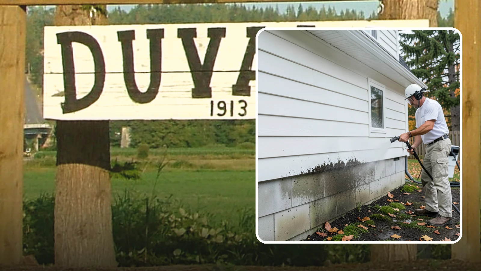 Foundation Cleaning in Duvall, King County, WA - We wash exposed foundation walls to clear the mud splash, moss, and efflorescence that build along the base of the home.