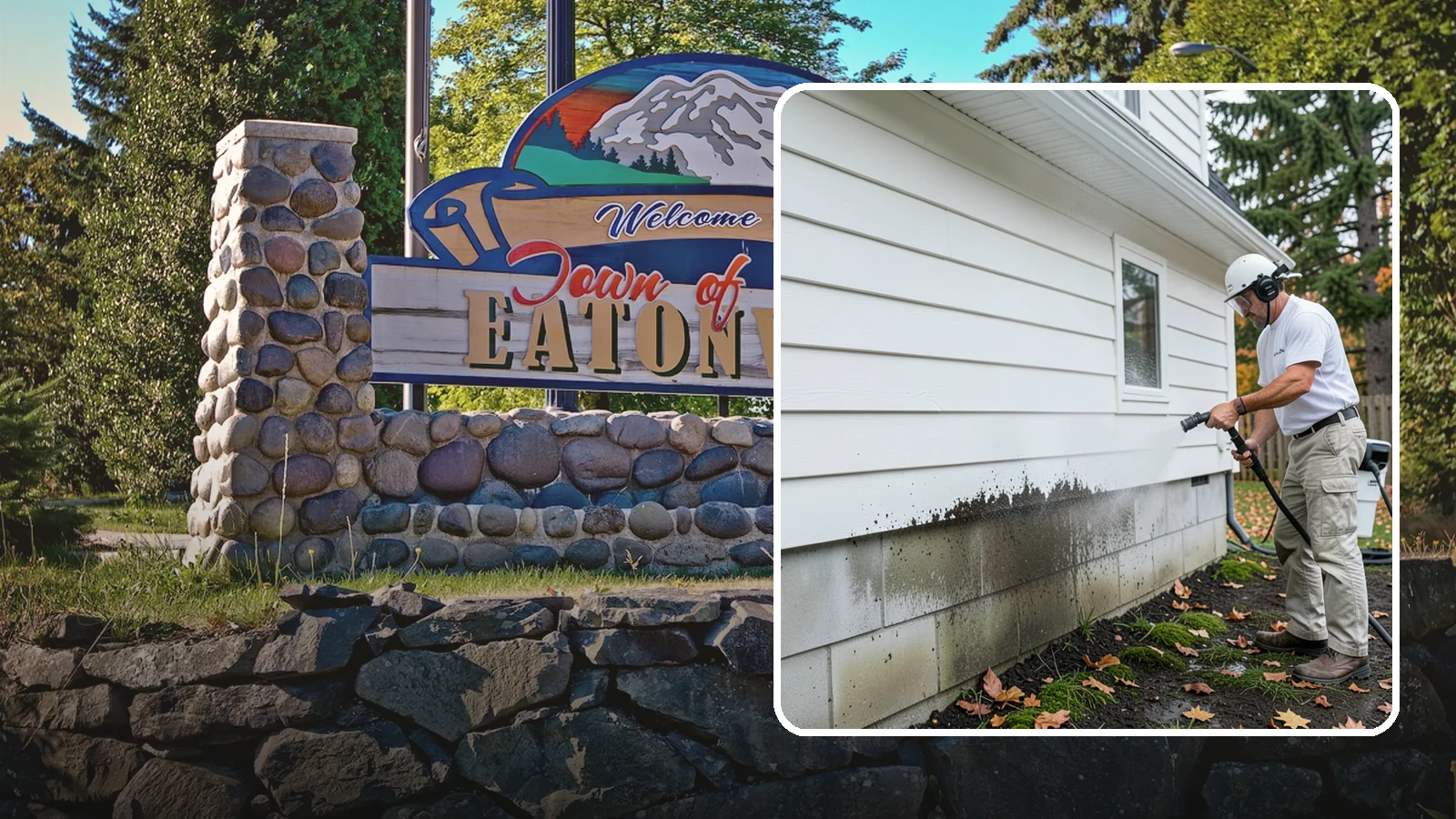 Foundation Cleaning in Eatonville, Pierce County, WA - We wash exposed foundation walls to clear the mud splash, moss, and efflorescence that build along the base of the home.