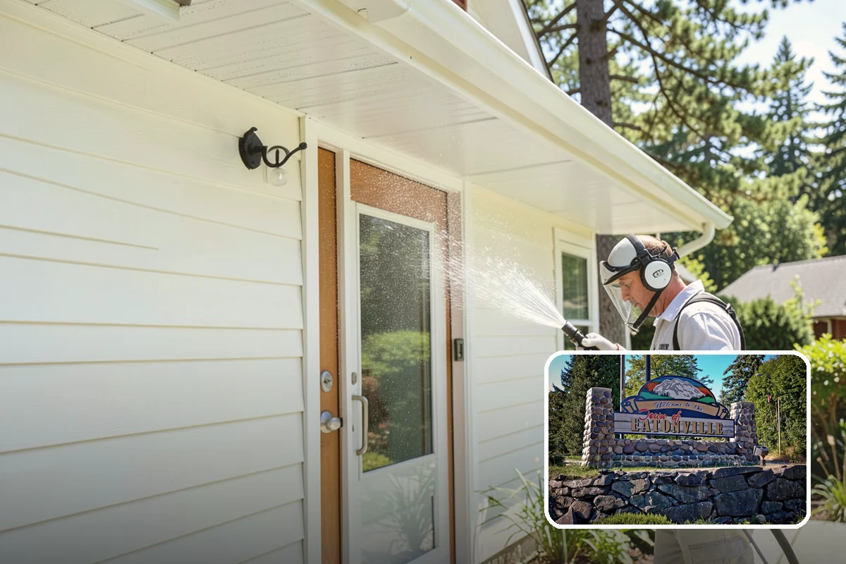 Foundation Cleaning in Eatonville, Pierce County, WA - Removes mud splash and moss from the base of the home