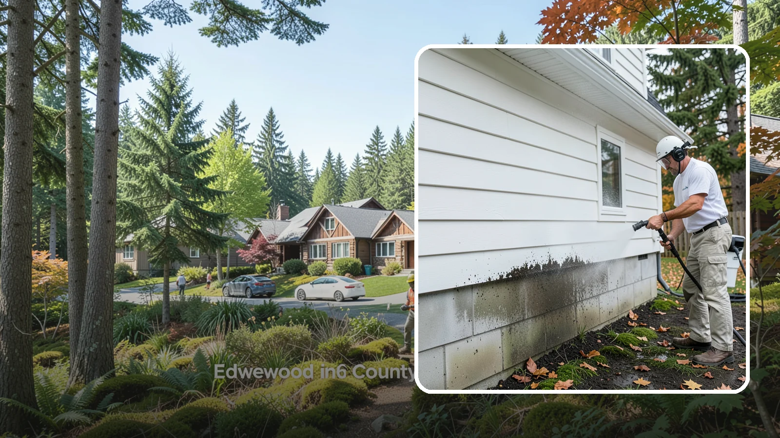 Foundation Cleaning in Edgewood, Pierce County, WA - We wash exposed foundation walls to clear the mud splash, moss, and efflorescence that build along the base of the home.