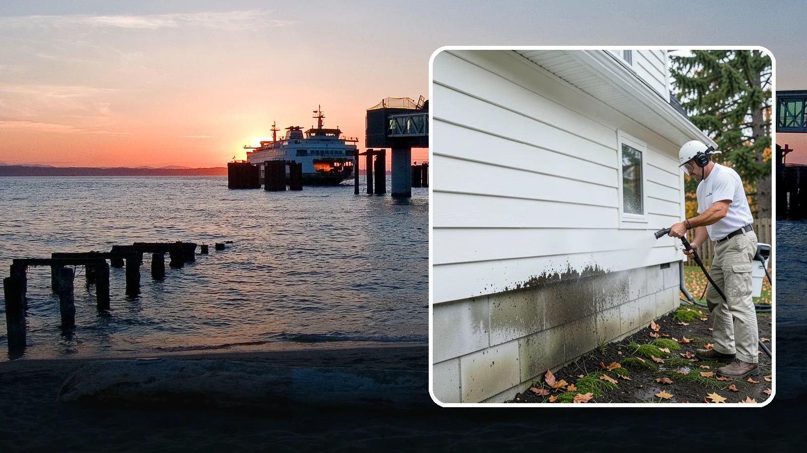 Foundation Cleaning in Edmonds, Snohomish County, WA - We wash exposed foundation walls to clear the mud splash, moss, and efflorescence that build along the base of the home.
