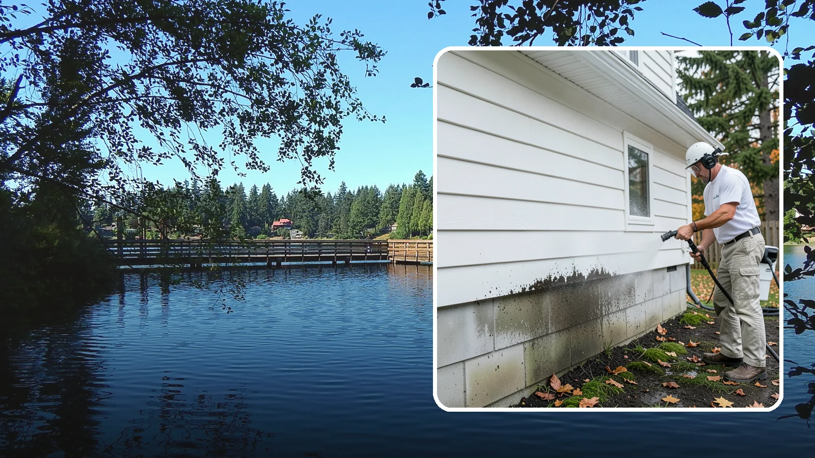 Foundation Cleaning in Federal Way, King County, WA - We wash exposed foundation walls to clear the mud splash, moss, and efflorescence that build along the base of the home.
