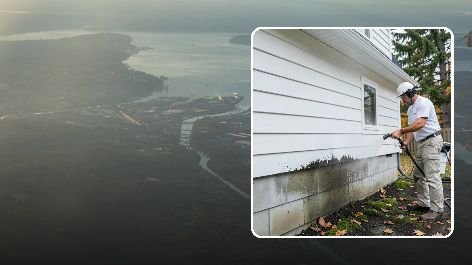 Foundation Cleaning in Fife, Pierce County, WA - We wash exposed foundation walls to clear the mud splash, moss, and efflorescence that build along the base of the home.