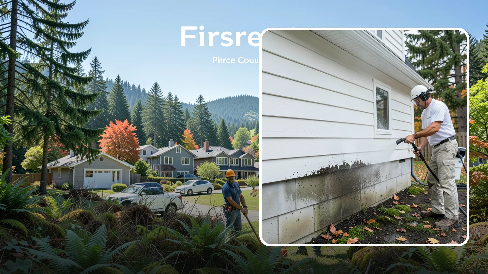 Foundation Cleaning in Fircrest, Pierce County, WA - We wash exposed foundation walls to clear the mud splash, moss, and efflorescence that build along the base of the home.
