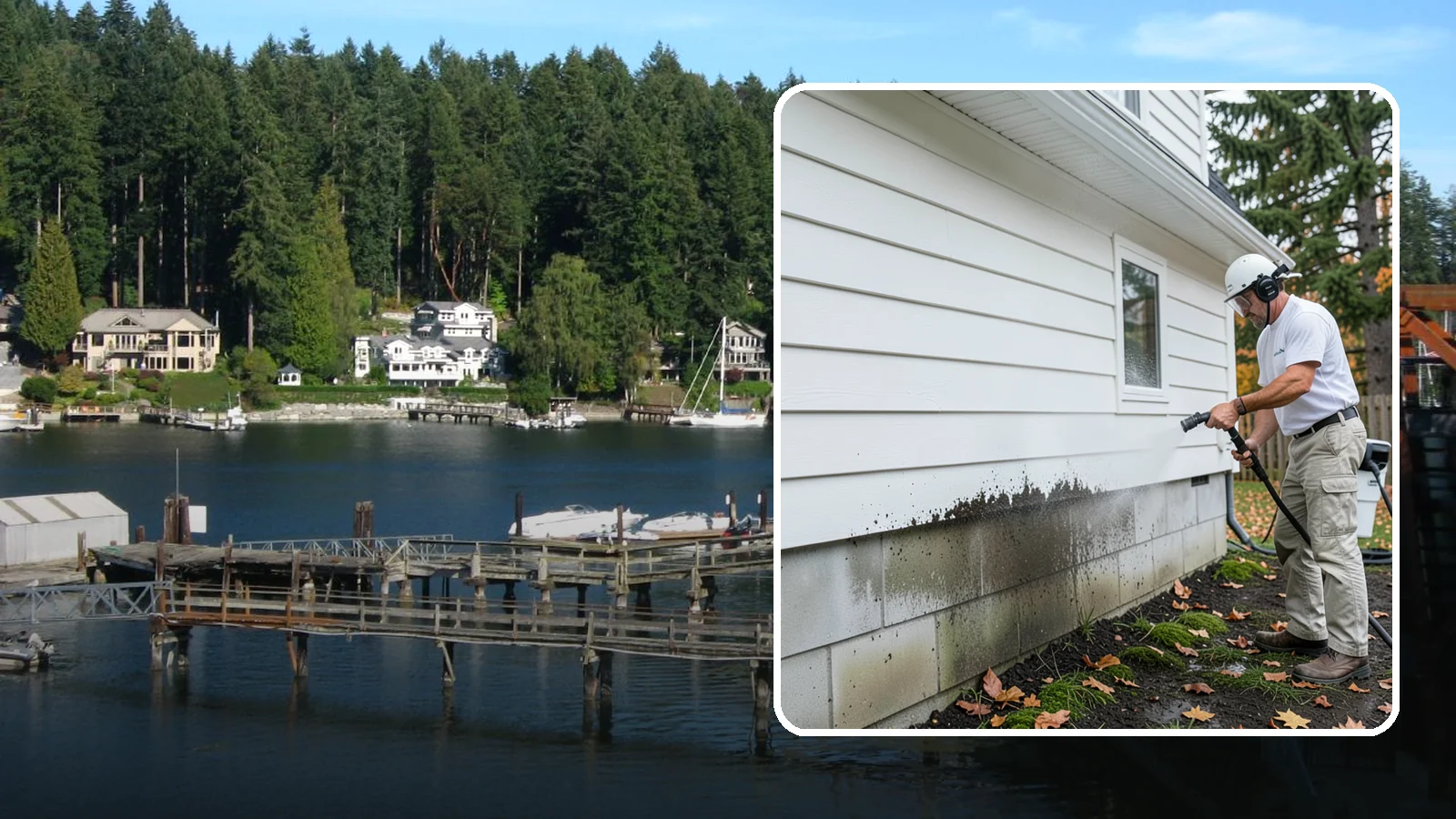 Foundation Cleaning in Gig Harbor, Pierce County, WA - We wash exposed foundation walls to clear the mud splash, moss, and efflorescence that build along the base of the home.