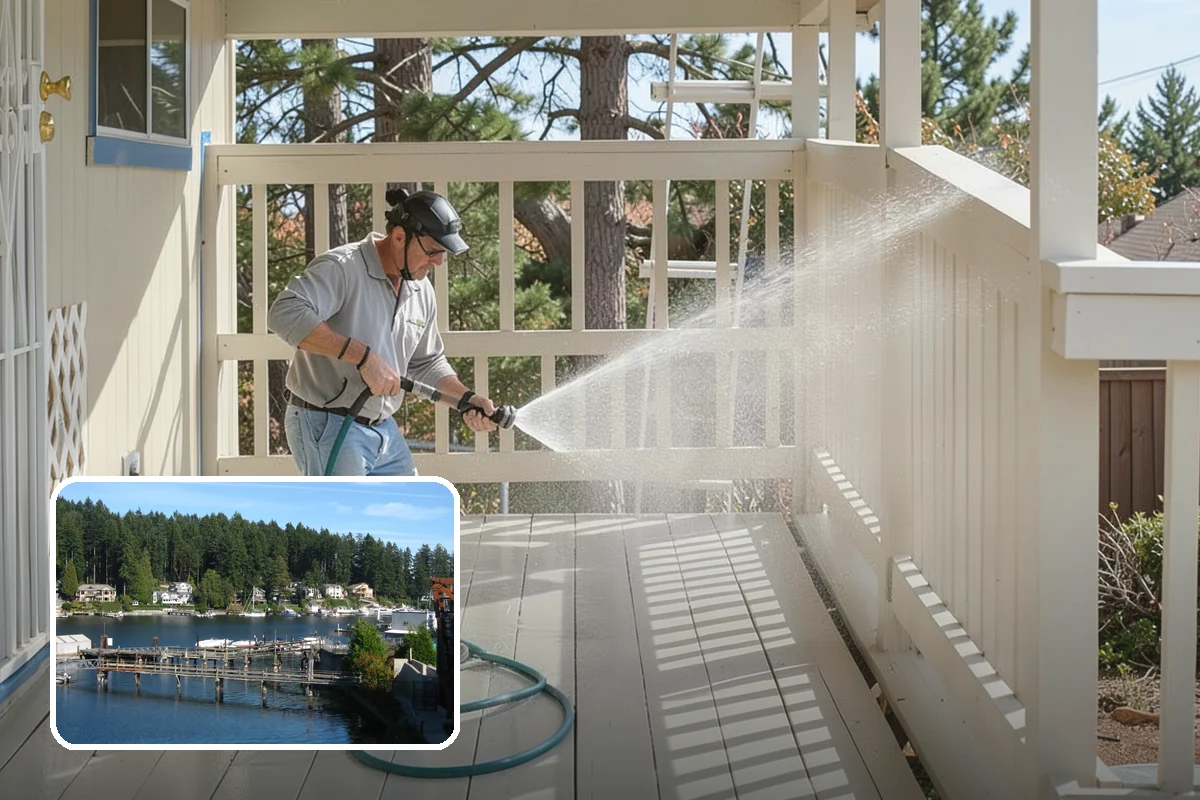 Foundation Cleaning in Gig Harbor, Pierce County, WA - Removes mud splash and moss from the base of the home