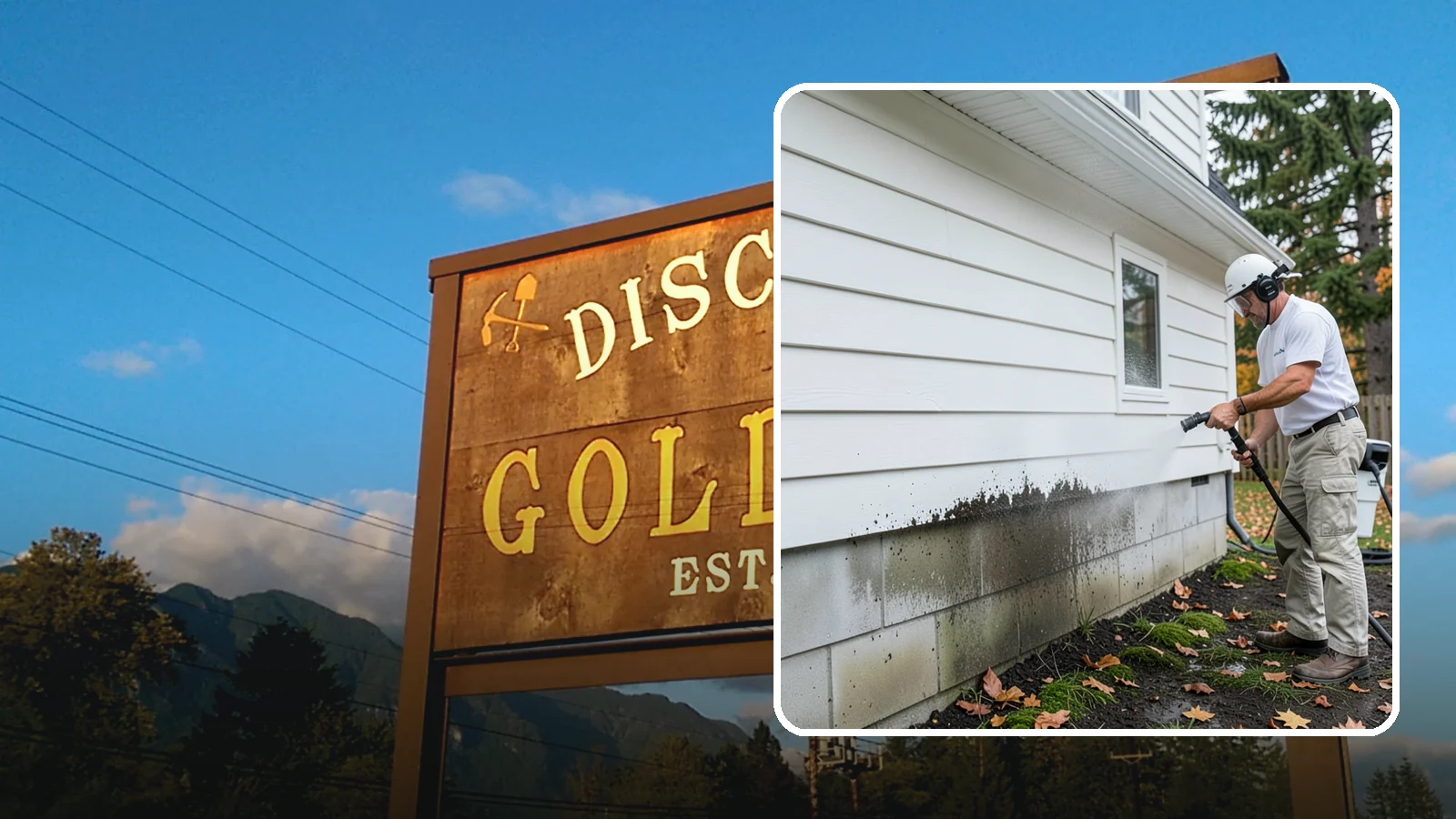 Foundation Cleaning in Gold Bar, Snohomish County, WA - We wash exposed foundation walls to clear the mud splash, moss, and efflorescence that build along the base of the home.