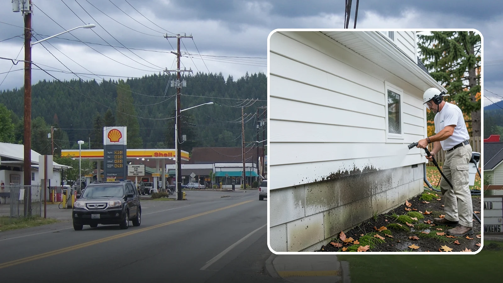 Foundation Cleaning in Granite Falls, Snohomish County, WA - We wash exposed foundation walls to clear the mud splash, moss, and efflorescence that build along the base of the home.