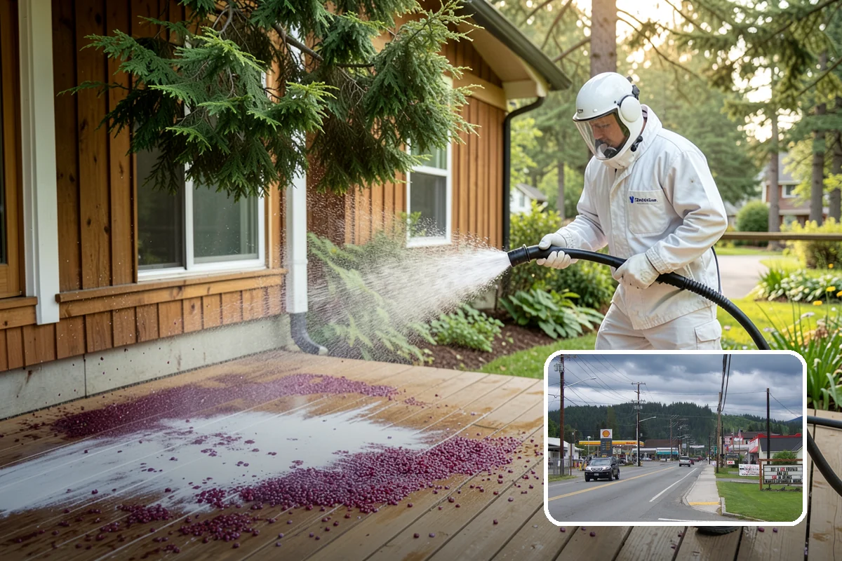 Foundation Cleaning in Granite Falls, Snohomish County, WA - Removes mud splash and moss from the base of the home