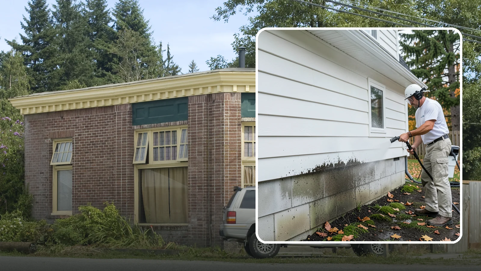 Foundation Cleaning in Hamilton, Skagit County, WA - We wash exposed foundation walls to clear the mud splash, moss, and efflorescence that build along the base of the home.