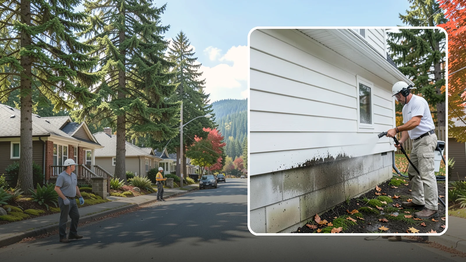 Foundation Cleaning in Hunts Point, King County, WA - We wash exposed foundation walls to clear the mud splash, moss, and efflorescence that build along the base of the home.
