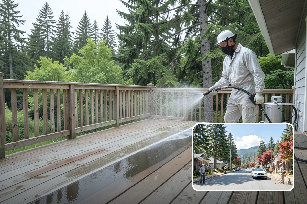 Foundation Cleaning in Hunts Point, King County, WA - Removes mud splash and moss from the base of the home