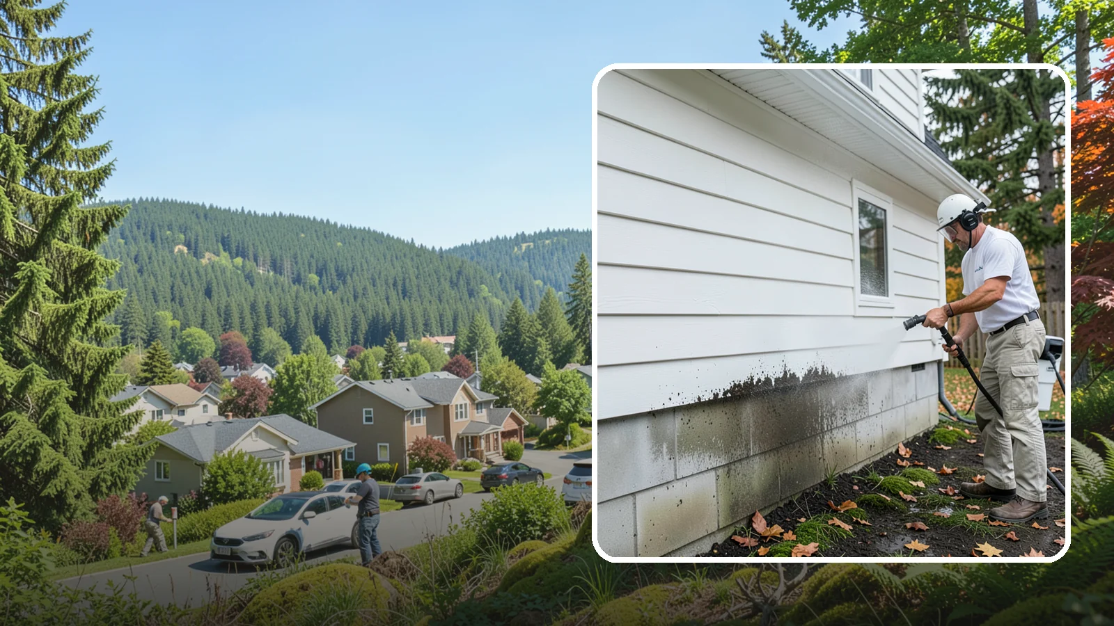 Foundation Cleaning in Index, Snohomish County, WA - We wash exposed foundation walls to clear the mud splash, moss, and efflorescence that build along the base of the home.