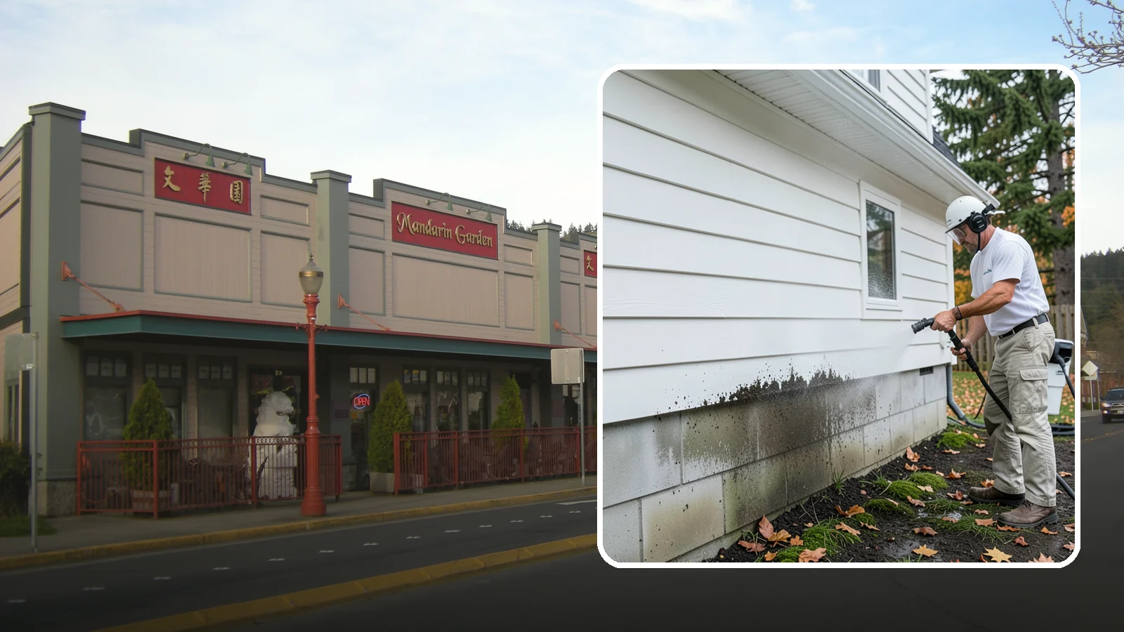 Foundation Cleaning in Issaquah, King County, WA - We wash exposed foundation walls to clear the mud splash, moss, and efflorescence that build along the base of the home.