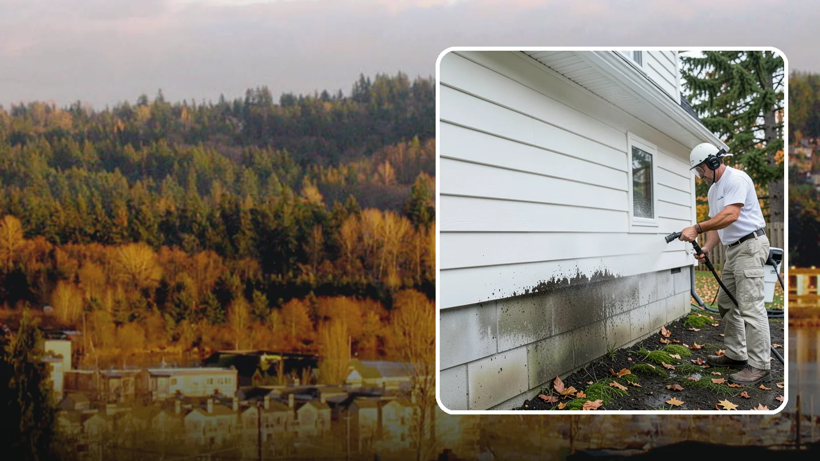 Foundation Cleaning in Kenmore, King County, WA - We wash exposed foundation walls to clear the mud splash, moss, and efflorescence that build along the base of the home.