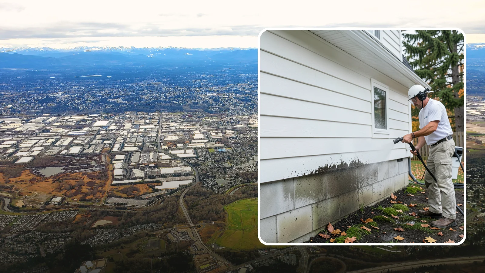 Foundation Cleaning in Kent, King County, WA - We wash exposed foundation walls to clear the mud splash, moss, and efflorescence that build along the base of the home.