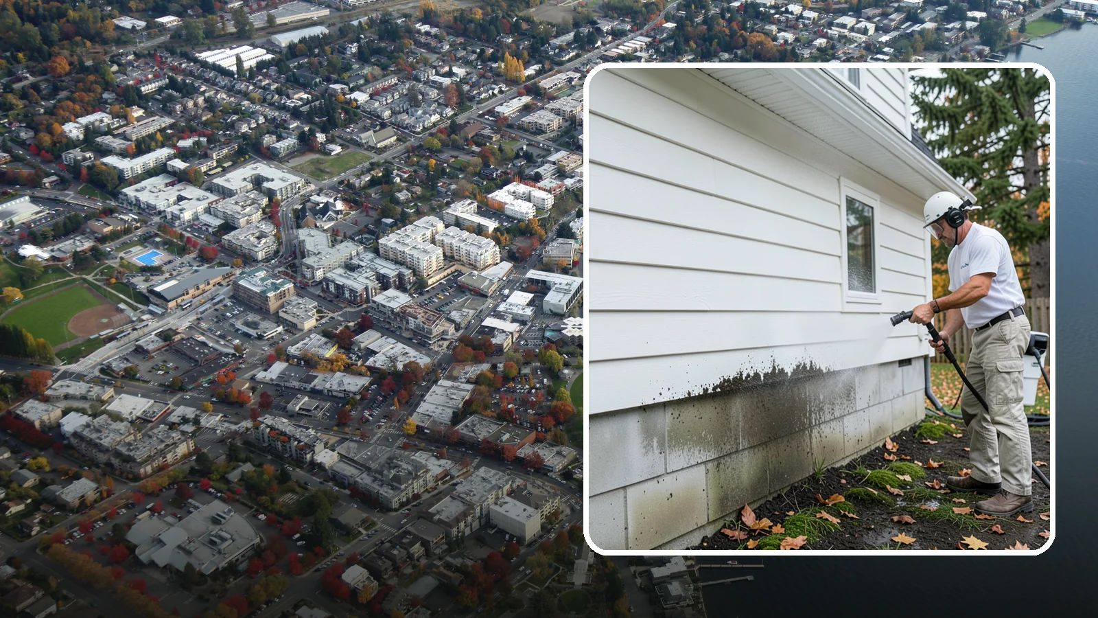 Foundation Cleaning in Kirkland, King County, WA - We wash exposed foundation walls to clear the mud splash, moss, and efflorescence that build along the base of the home.