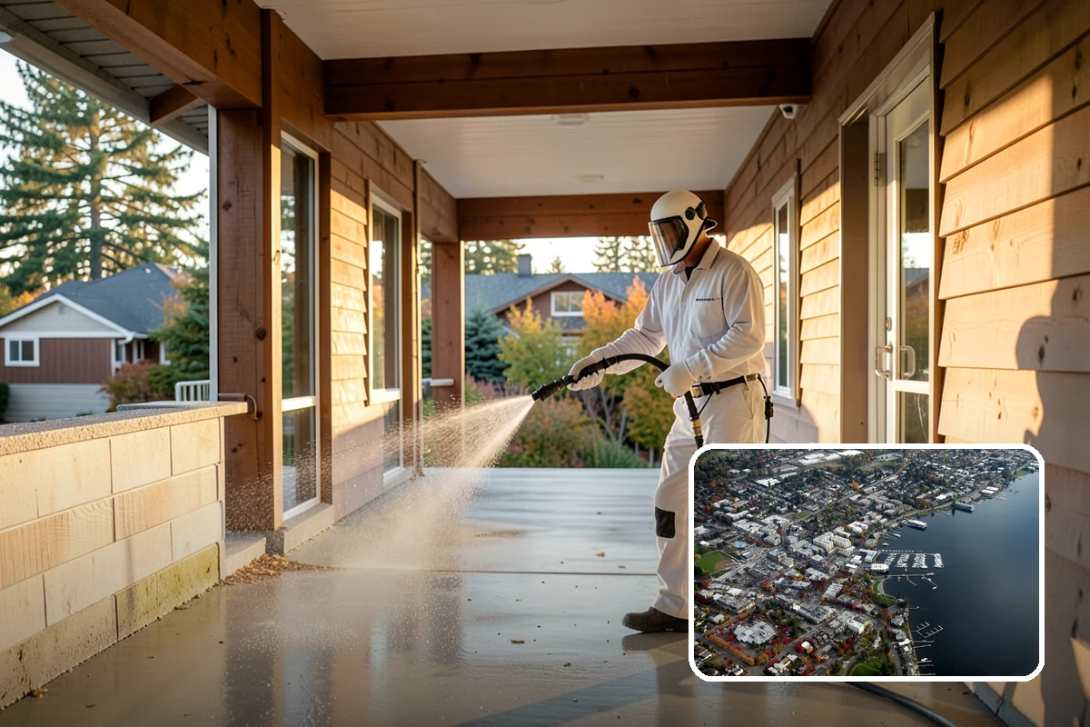 Foundation Cleaning in Kirkland, King County, WA - Removes mud splash and moss from the base of the home