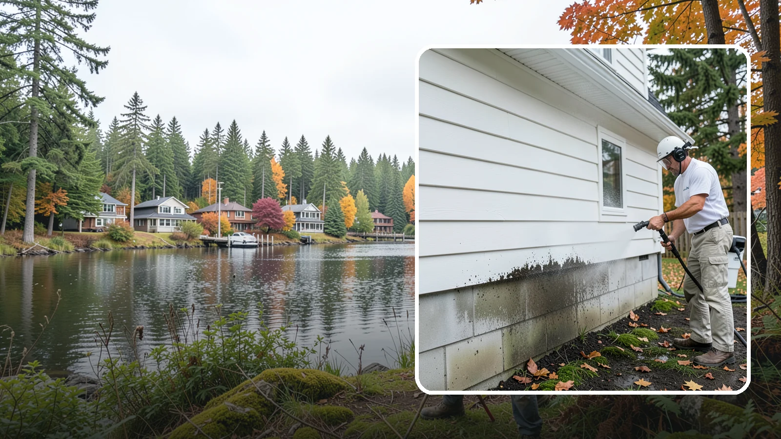 Foundation Cleaning in La Conner, Skagit County, WA - We wash exposed foundation walls to clear the mud splash, moss, and efflorescence that build along the base of the home.