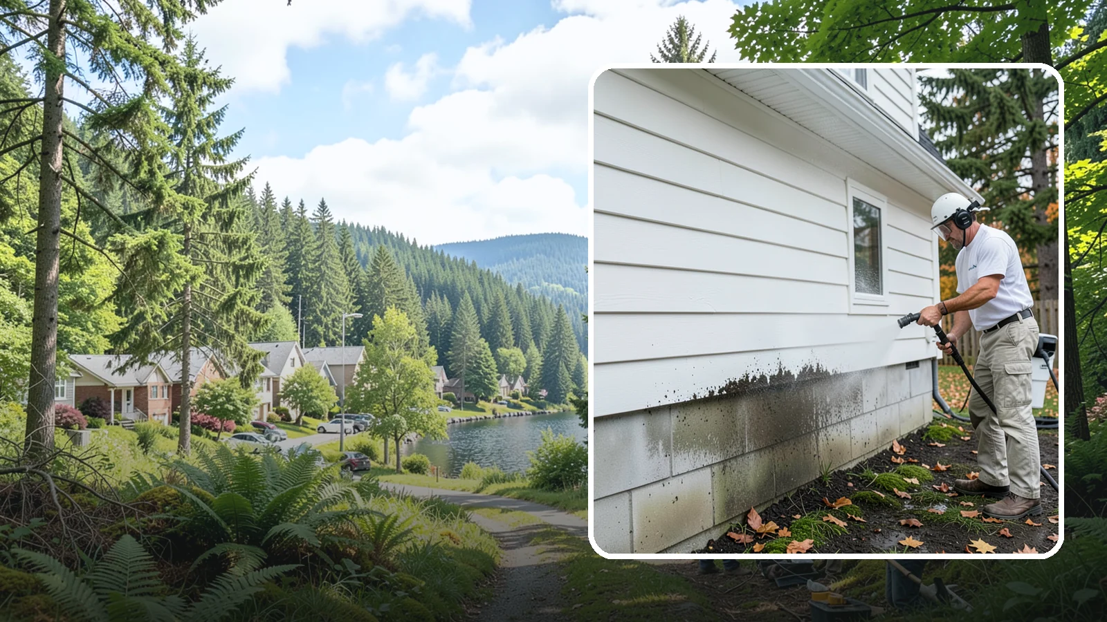 Foundation Cleaning in Lake Forest Park, King County, WA - We wash exposed foundation walls to clear the mud splash, moss, and efflorescence that build along the base of the home.