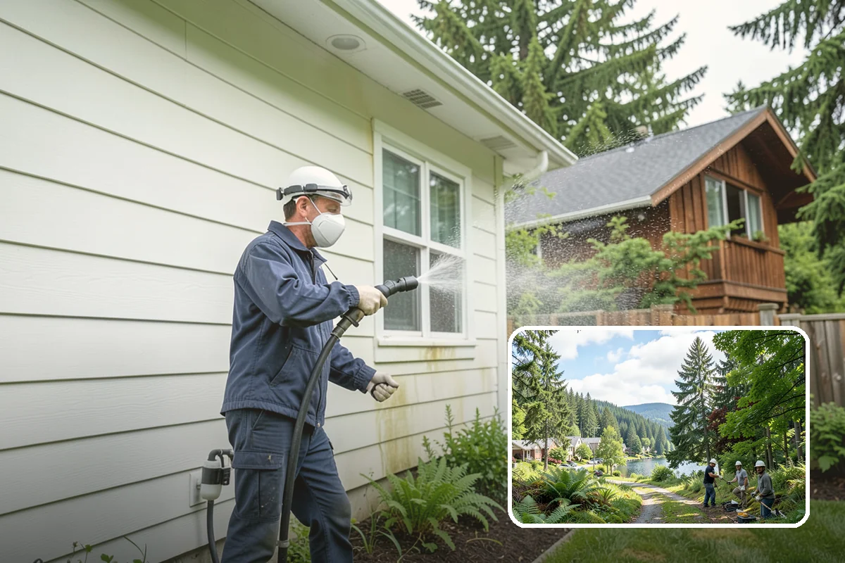 Foundation Cleaning in Lake Forest Park, King County, WA - Removes mud splash and moss from the base of the home