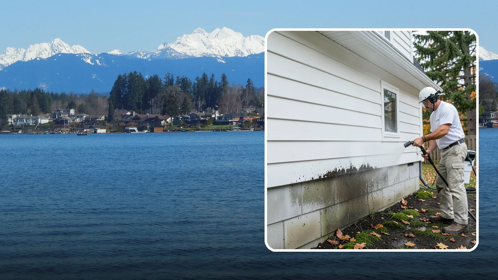 Foundation Cleaning in Lake Stevens, Snohomish County, WA - We wash exposed foundation walls to clear the mud splash, moss, and efflorescence that build along the base of the home.