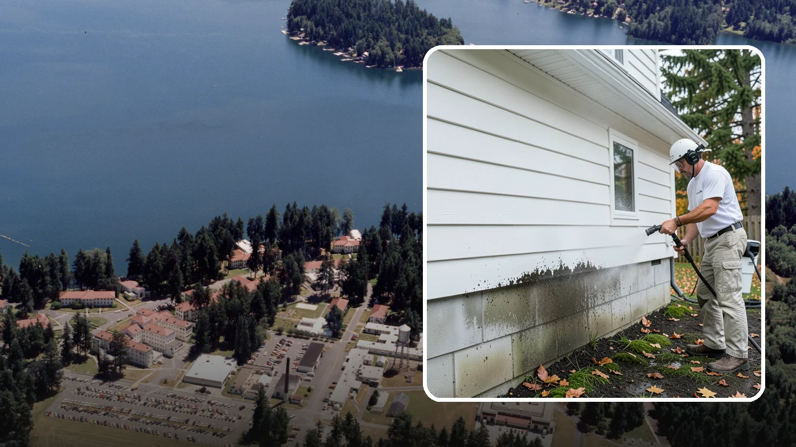Foundation Cleaning in Lakewood, Pierce County, WA - We wash exposed foundation walls to clear the mud splash, moss, and efflorescence that build along the base of the home.