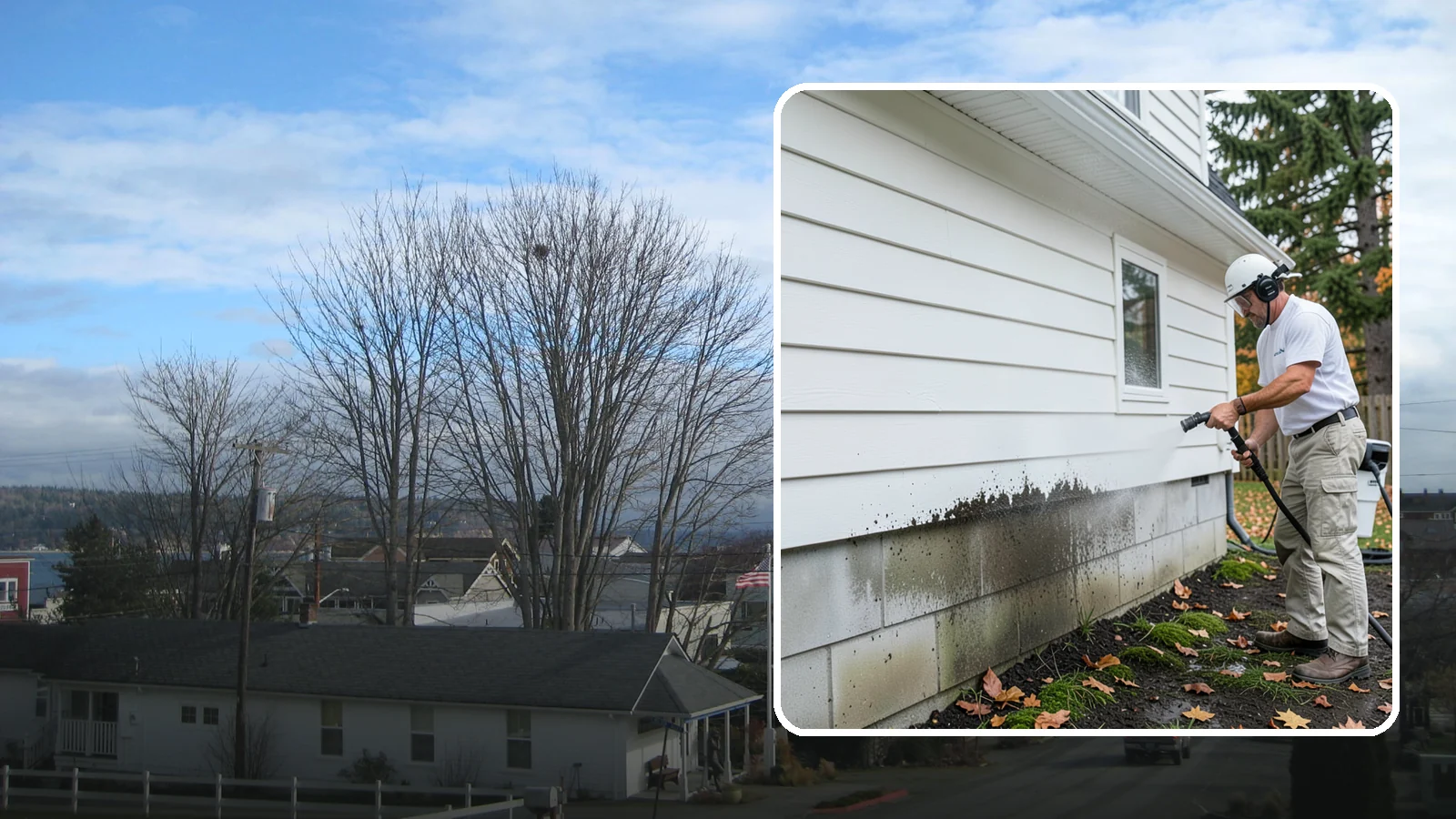Foundation Cleaning in Langley, Island County, WA - We wash exposed foundation walls to clear the mud splash, moss, and efflorescence that build along the base of the home.