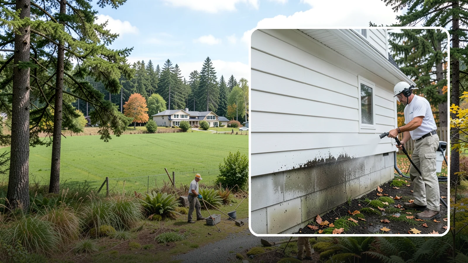 Foundation Cleaning in Lyman, Skagit County, WA - We wash exposed foundation walls to clear the mud splash, moss, and efflorescence that build along the base of the home.