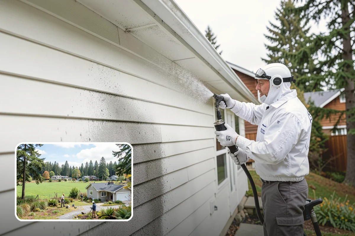 Foundation Cleaning in Lyman, Skagit County, WA - Removes mud splash and moss from the base of the home