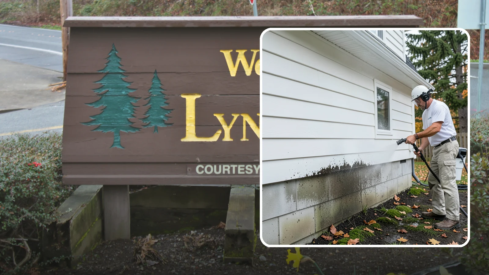 Foundation Cleaning in Lynnwood, Snohomish County, WA - We wash exposed foundation walls to clear the mud splash, moss, and efflorescence that build along the base of the home.