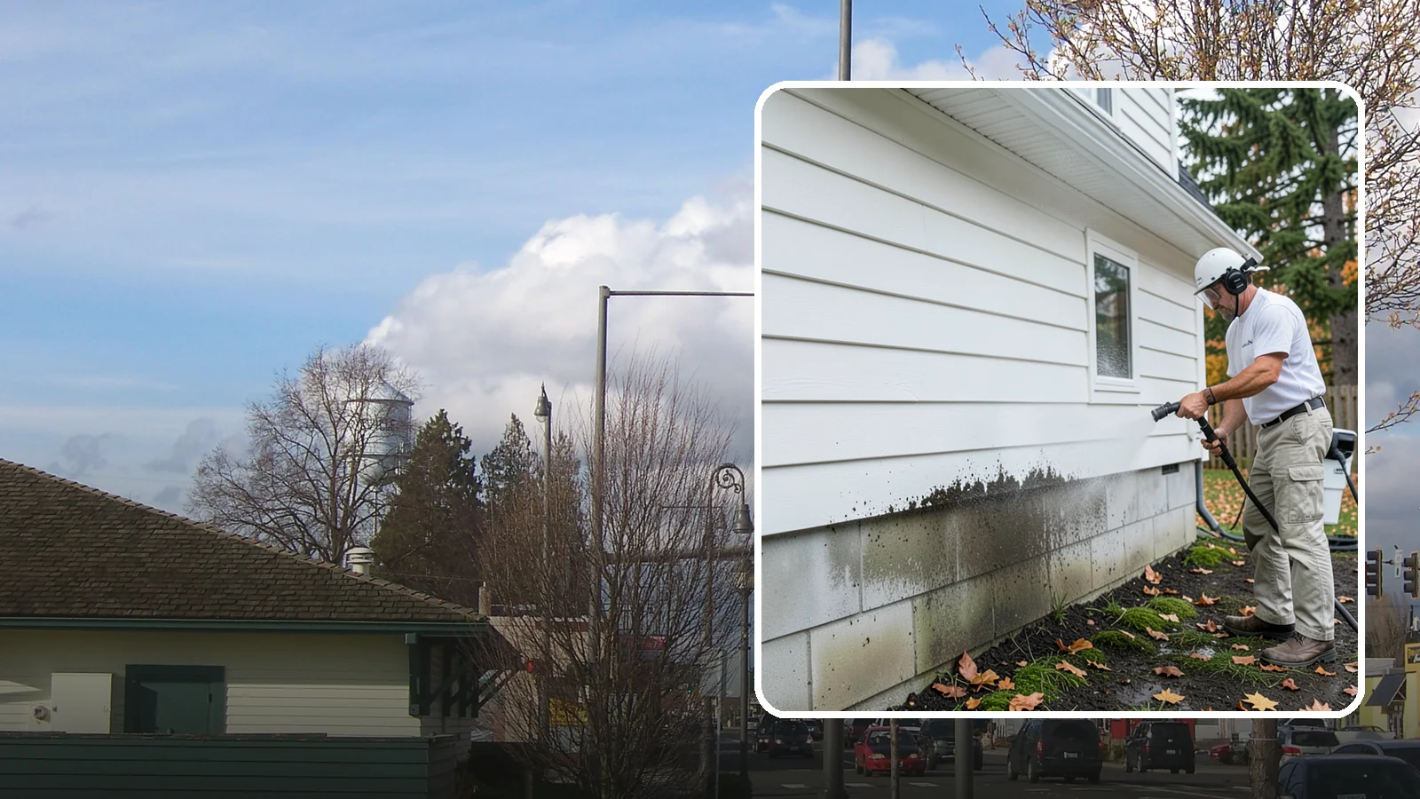 Foundation Cleaning in Marysville, Snohomish County, WA - We wash exposed foundation walls to clear the mud splash, moss, and efflorescence that build along the base of the home.