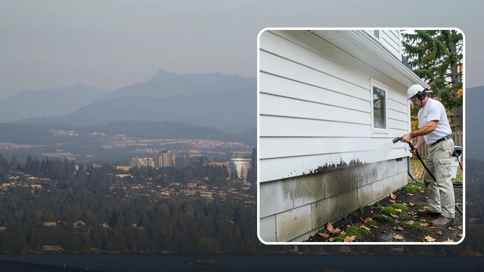 Foundation Cleaning in Medina, King County, WA - We wash exposed foundation walls to clear the mud splash, moss, and efflorescence that build along the base of the home.