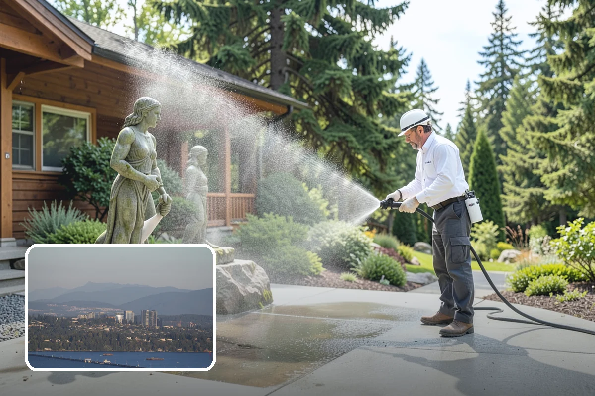 Foundation Cleaning in Medina, King County, WA - Removes mud splash and moss from the base of the home